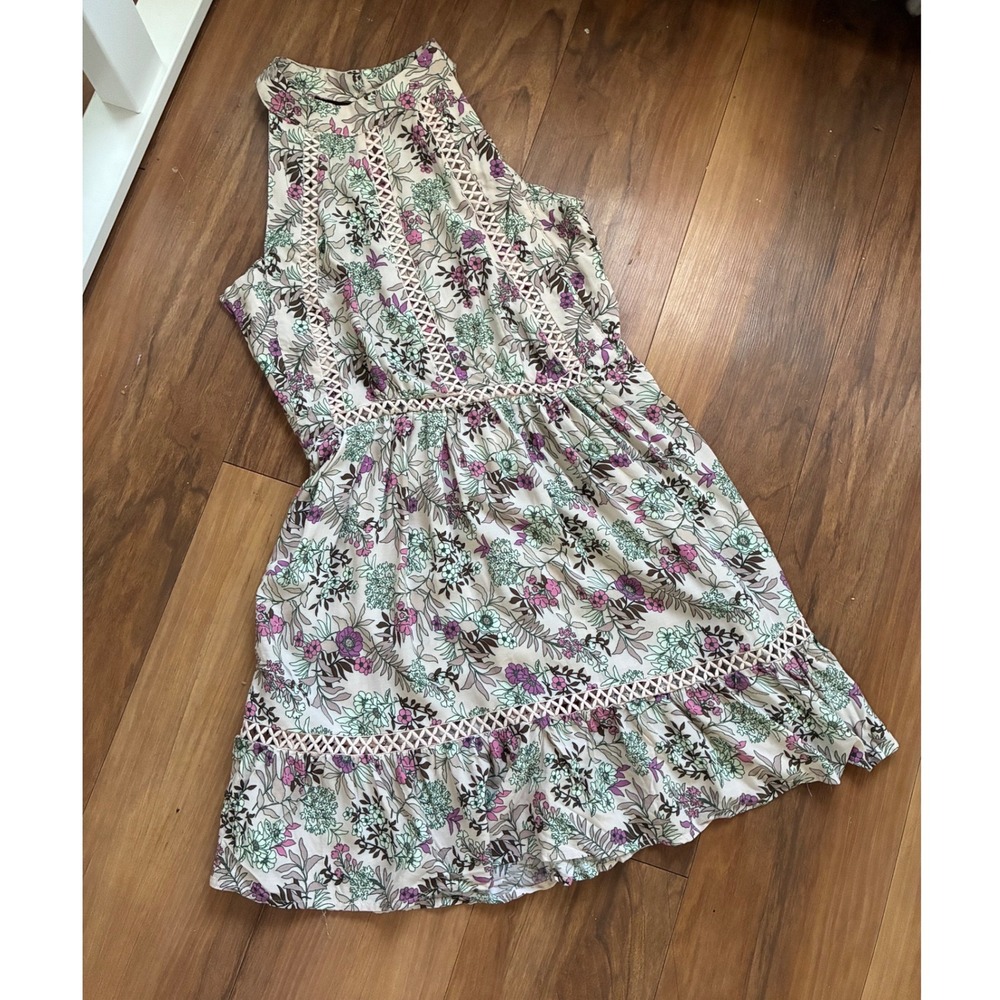 Sunday Mi Amor Floral Halter Mini Dress Open Back Crochet Trim Boho S